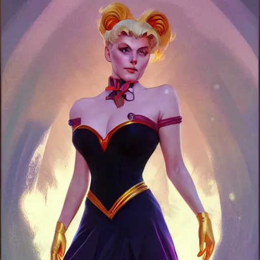 Image similar to Kim Novak as Sailor Moon, western, D&D, fantasy, intricate, elegant, highly detailed, digital painting, artstation, concept art, matte, sharp focus, illustration, art by Artgerm and Greg Rutkowski and Alphonse Mucha