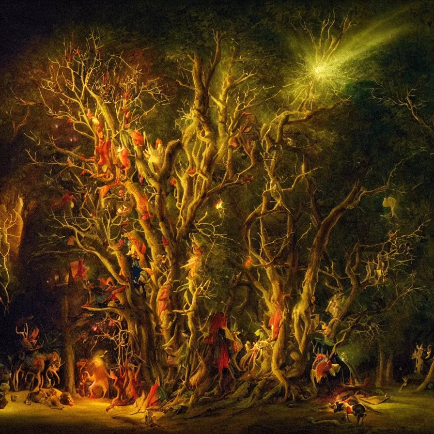 Prompt: closeup of a night carnival inside a tree cavity in a magical forest in the middle of a summer storm, with a music scenario with many fireworks and christmas lights, volumetric lightning, instense god rays in the sky, folklore people disguised with fantastic creatures in a magical forest by summer night, masterpiece painted by george stubbs, very coherent and colorful high contrast masterpiece,