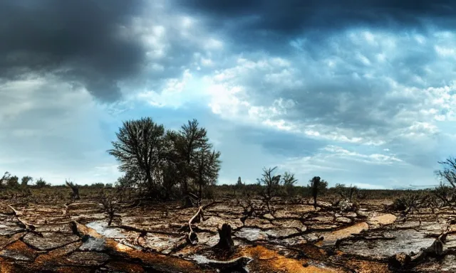 Image similar to panorama of big raindrops flying upwards into the blue sky from a dried up river in a desolate land, dead trees, blue sky, hot and sunny highly-detailed, elegant, dramatic lighting, artstation, 4k, cinematic landscape, photograph by Elisabeth Gadd