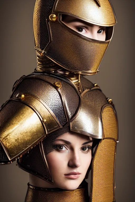 Prompt: female medieval knight, brown hair, by louis vuitton, gold and luxury materials, symmetrical, cinematic, elegant, professional studio light, real dlsr photography, sharp focus, 4 k, ultra hd, sense of awe, high fashion