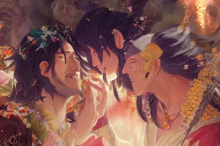 Image similar to close up moment of a divine a japan sun god and a moon goddess lovers magician at a wedding banquet, highly detailed, d & d, fantasy, 4 k realistic, digital painting, trending on artstation, concept art, sharp focus, illustration, art by makoto shinkai and akihiko yoshida and daniel gerhartz