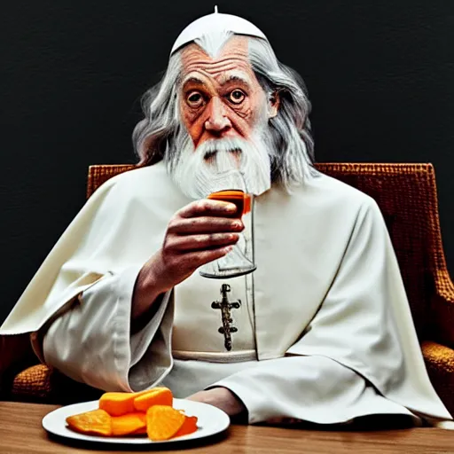 Prompt: gandalf the grey dressed as the pope drinking a glass of orange juice in a restaurant, realistic photograph, closeup
