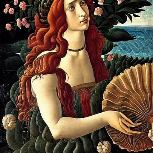 Image similar to an hyperrealistic mythological oil painting of venus with long curly brown hair, full body, wearing floral chiton, sleeping in a giant scallop shell near the seashore, intricate, elegant, renaissance style, by sandro botticelli -