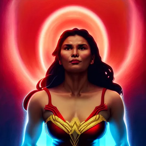 Image similar to iza calzado as darna, volumetric lights, red and cyan theme, art nouveau botanicals, intricate, highly detailed, digital painting, artstation, concept art, smooth, sharp focus, cinematic, illustration, beautiful face, art by artgerm and greg rutkowski and alphonse mucha