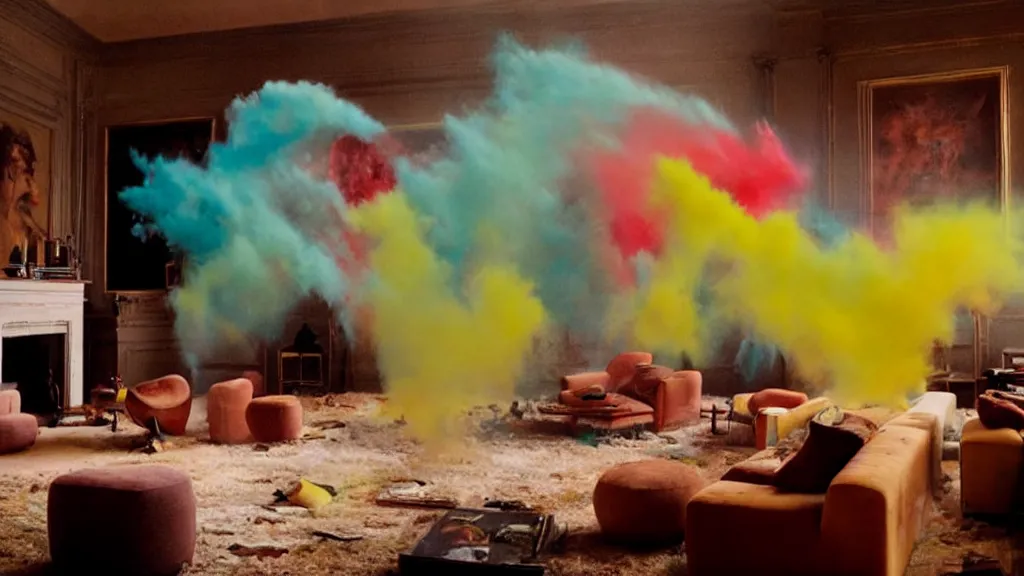 Image similar to colored powder explosion in the living room, film still from the movie directed by Denis Villeneuve with art direction by Salvador Dalí, wide lens