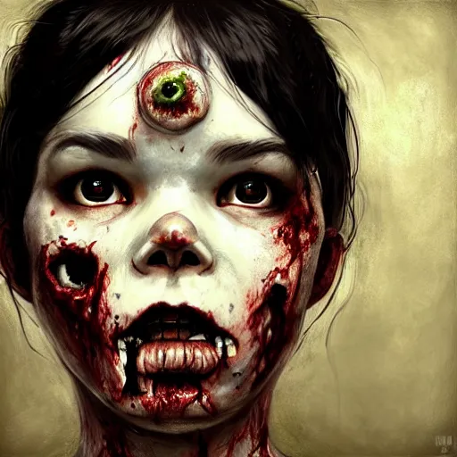 Image similar to head portrait of fresh faced young adult sugarcubes bjork as a zombie, 7 days to die zombie, gritty background, fine art, award winning, intricate, elegant, sharp focus, cinematic lighting, digital painting, 8 k concept art, art by michael hussar, art by brom, art by guweiz and z. w. gu, 8 k