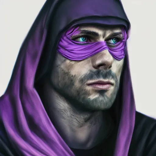 Image similar to ultra realistic illustration, man in a black hood, in a striped purple balaclava, mysterious, highly detailed, digital painting, artstation, concept art, smooth, sharp focus, illustration