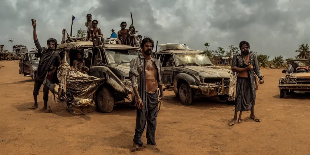 Image similar to sri lankan mad max style, city, film still, epic shot cinematography, rule of thirds