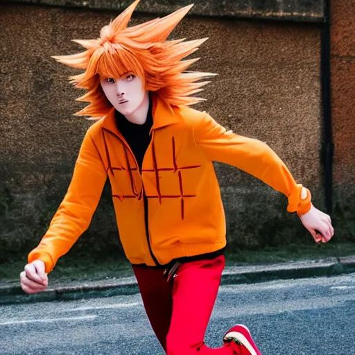 Prompt: orange - haired anime boy, 1 7 - year - old anime boy with wild spiky hair, wearing red jacket, running through italian town, yellow sunshine, sepia sun, ultra - realistic, sharp details, subsurface scattering, intricate details, hd anime, 2 0 1 9 anime