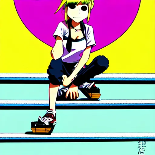 Image similar to skater girl sitting on steps by scott pilgrim, by bryan lee o'malley, tank girl, muted colors anime