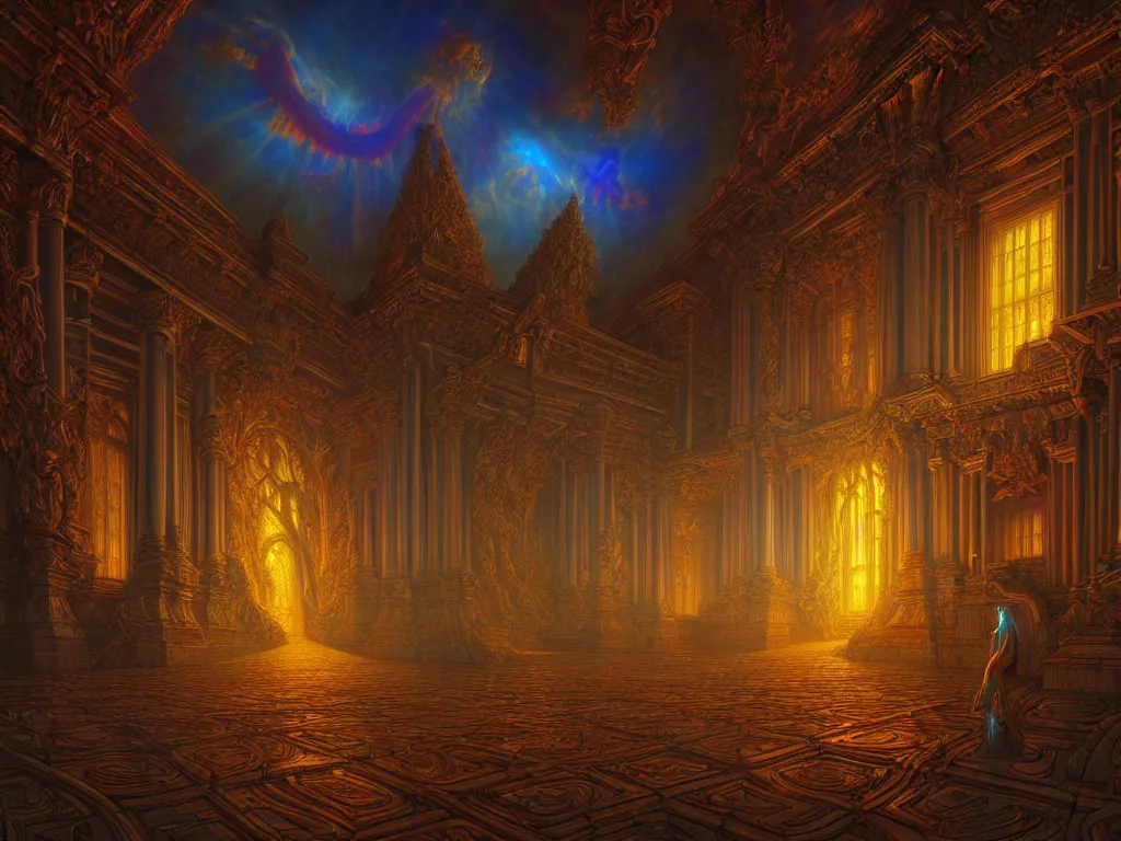 Image similar to Photorealistic Heavenly palace in the style of Michael Whelan and Gustave Dore. Hyperdetailed photorealism, 108 megapixels, amazing depth, glowing rich colors, powerful imagery, psychedelic Overtones, 3D finalrender, 3d shading, cinematic lighting, artstation concept art