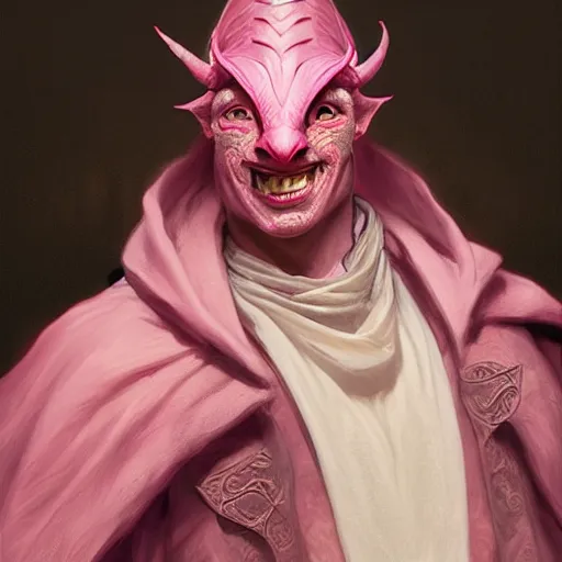 Image similar to portrait of a male tiefling with pink skin wearing a black hood, smiling, D&D, fantasy, intricate, elegant, highly detailed, digital painting, artstation, concept art, smooth, sharp focus, illustration, art by artgerm and greg rutkowski and alphonse mucha