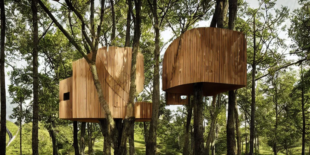 Prompt: a beautiful illustration of tree house by studio ghibili situated on a hill