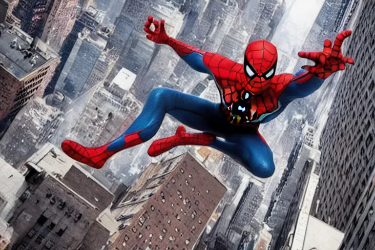 Prompt: spider-man swinging through manhattan, film still, awesome,