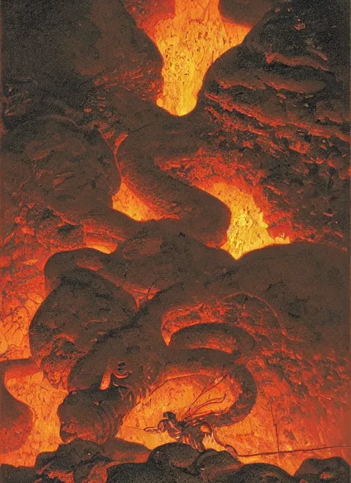 Image similar to giant louse in lava cave, explosions, lava flows, dynamic action, by lawrence alma tadema and zdzislaw beksinski and norman rockwell and jack kirby and tom lovell and greg staples, arstation creature concept