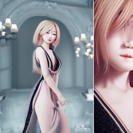 Prompt: portrait of a asian girl with blonde hair, in a fancy mansion, young cute beautiful face, wearing a expensive dress, detailed, 8 k, epic, charming, character, octane rendering, hyper realistic