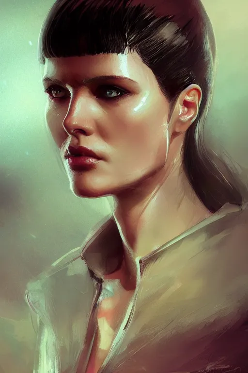 Image similar to jessica from bladerunner, seductive look, chromatic aberration, hyper realistic, highly detailed, digital painting, trending on artstation, concept art, sharp focus, illustration, art by wlop and artgerm and greg rutkowski and ayami kojima