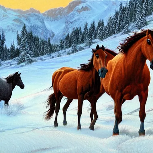 Prompt: painting of a herd of wild horses on a snowy mountain in the style of Bev Doolittle, HD, Detailed, Realism