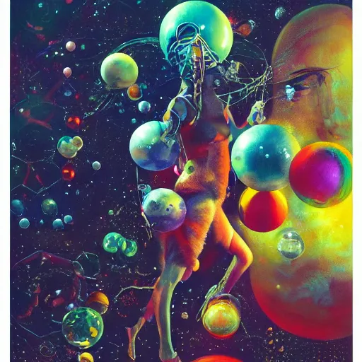 Prompt: surreal gouache painting, yoshitaka amano, ruan jia, conrad roset, kilian eng, balls, bubbles, orbs, spheres, incredibly detailed, of floating molecules and a mannequin artist holding an icosahedron with stars, clouds, and rainbows in the background, retrowave, modular patterned mechanical costume headpiece, artstation