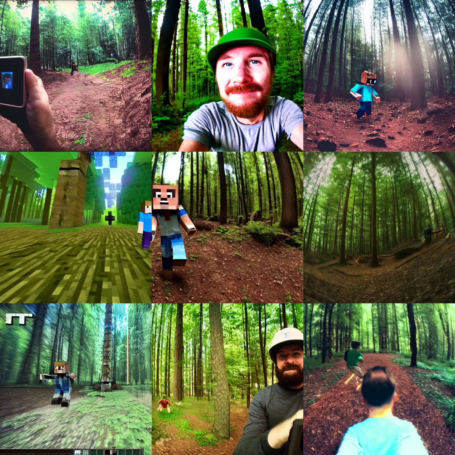 Prompt: Minecraft steve in a forest, gopro footage, grainy, motion blur