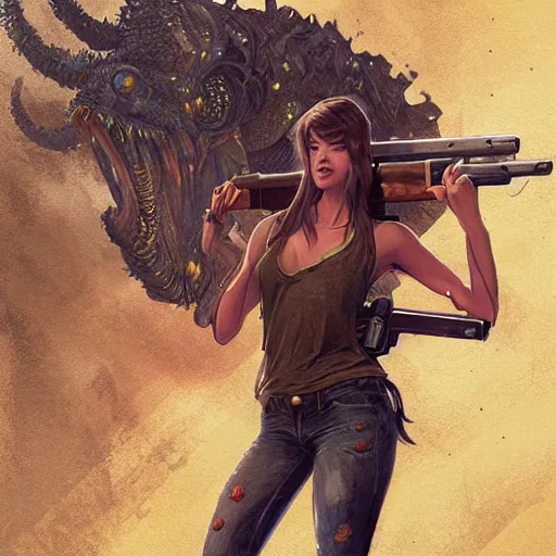 Image similar to Full body portrait of a beautiful young woman wearing a tank top and jeans shooting a Lovecraftian monster with a shotgun, horror, digital painting, detailed, artstation, Greg Rutkowski, Artgerm, Alphonse Mucha