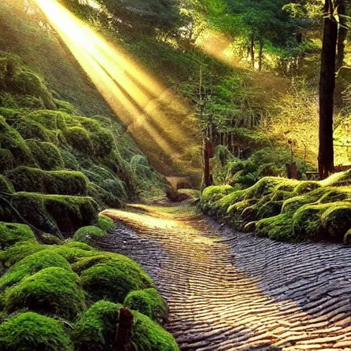Prompt: sun beams god ray into a forest grove, little gnomes, wooden moss covered houses, birds, flowing streams, cobblestone, windows lit up, thatched roofs, smoke puffing from chimneys, great forest trees, beautiful flowers, magical sunlight, yoshitaka amano, stunning, trending, best ever,
