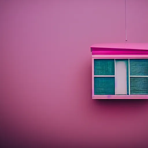 Prompt: a 5 0 mm lens photograph of a cute pink floating modern house, floating in the space by ballons, inspired by the movie up. mist, playful composition canon, nikon, award winning, photo of the year