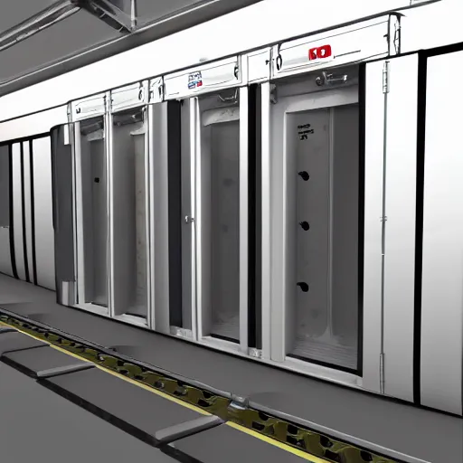 Image similar to interior train gangway section with emergency valves cabinets, 3 d render metal palettes