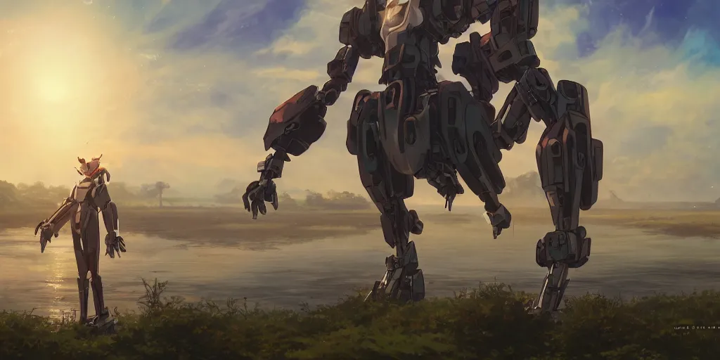 Image similar to Mecha standing near the river, beautiful landscape made by Studio Ghibli, volumetric lighting, highly detailed art, concept art, Greg Rutkowski, Ayami Kojima, James Jean, Yoshitaka Amano, sunset, beautiful scene, shooting stars, sharp focus, smooth, 8k, anime art,depth of field, dynamic sky