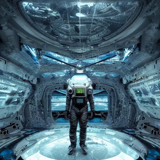 Image similar to concept art by craig mullins astronaut in futuristic dark and empty spaceship underwater. infrared complex and hyperdetailed technical suit. mandelbulb fractal. reflection and dispersion materials. rays and dispersion of light. volumetric light. 5 0 mm, f / 3 2. noise film photo. flash photography. unreal engine 4, octane render. interstellar movie art