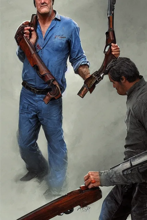 Image similar to Bruce Campbell in a blue bloody shirt with a double-barreled shotgun on his shoulder, the inscription Ash is gaining neck on top, innocent, intricate, elegant, highly detailed, digital painting, artstation, concept art, smooth, sharp focus, illustration, art by artgerm and greg rutkowski and alphonse mucha