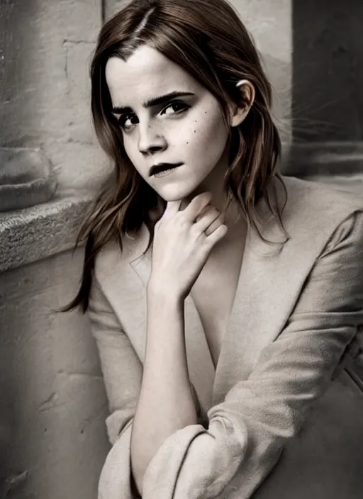 Prompt: Emma Watson for Victorian Secret, sitting on the corner, perfect symmetrical face, full length shot, extremely detailed, XF IQ4, 50MP, 50mm, f/1.4, ISO 200, 1/160s, natural light, Adobe Lightroom, rule of thirds, symmetrical balance, depth layering, polarizing filter, Sense of Depth
