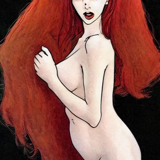 Image similar to a beautiful redhead girl, milo manara style