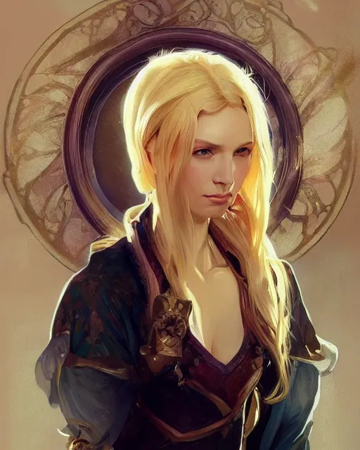 Image similar to '' Portrait of Beautiful blonde Slavic woman in her early 30’s, league of legends, LOL, fantasy, d&d, digital painting, artstation, concept art, sharp focus, illustration, art by greg rutkowski and alphonse mucha ''