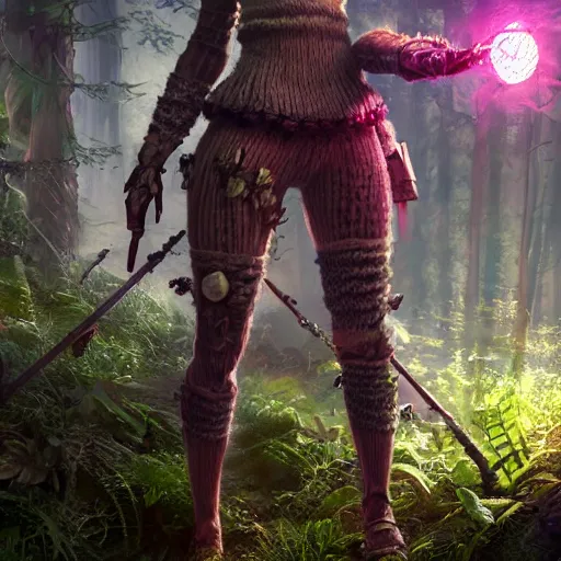 Image similar to knit female earth mage, high quality character design, action pose : : spotlight, magicpunk, biopunk, forestpunk, forest, mushrooms, high detail, 8 k, oled, shadows, reflections, digital art, official art, octane render, dynamic camera angle, dollpunk
