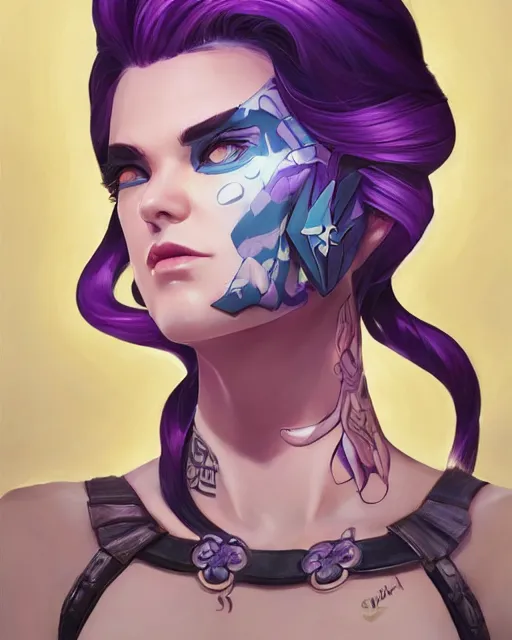 Image similar to beautiful female purple hair tattoo symmetrical face eyes twitch streamer full length fantasy art viper valorant Video game icon, 2d game art gta5 cover , official fanart behance hd artstation by Jesper Ejsing, by RHADS, Makoto Shinkai and Lois van baarle, ilya kuvshinov, rossdraws