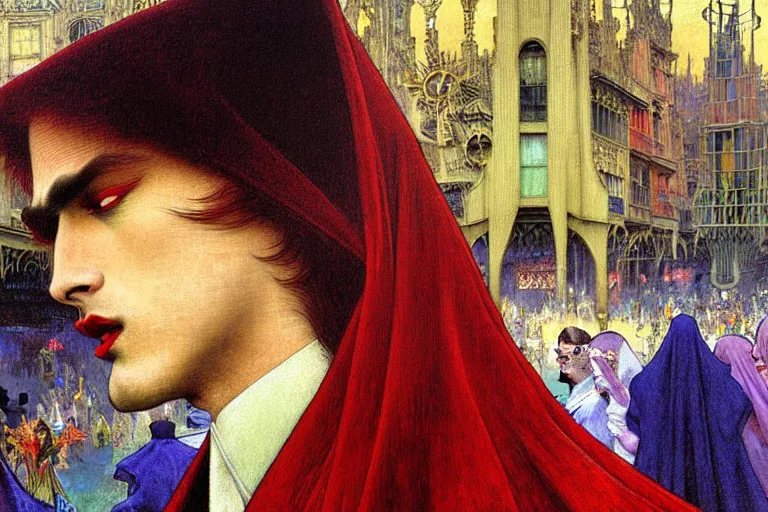 Prompt: realistic extremely detailed closeup portrait painting of an elegant blond male vampire in a cape, detailed crowded crowded city street on background by Jean Delville, Amano, Yves Tanguy, Ilya Repin, Alphonse Mucha, William Holman Hunt, Ernst Haeckel, Edward Robert Hughes, Roger Dean, rich moody colours