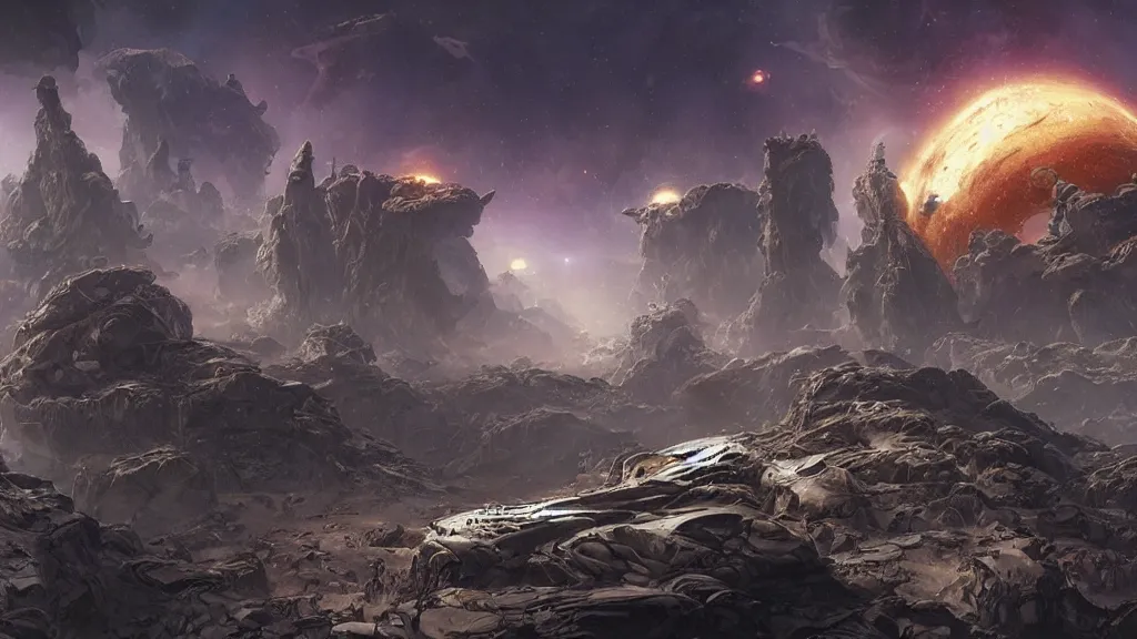 Prompt: strange atmospheric alien planet, an empire in upheaval by yoann lossel and stephan martiniere, cinematic matte painting