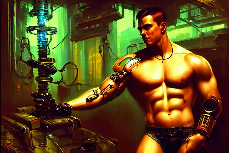 Image similar to cyberpunk style, attractive muscular male with tattoo, robotic arm, neon lights, cool tint, painting by gaston bussiere, craig mullins, j. c. leyendecker, tom of finland