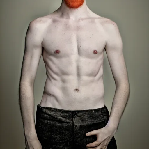 Image similar to color portrait of a very pale ginger male model by emmanuel lubezki