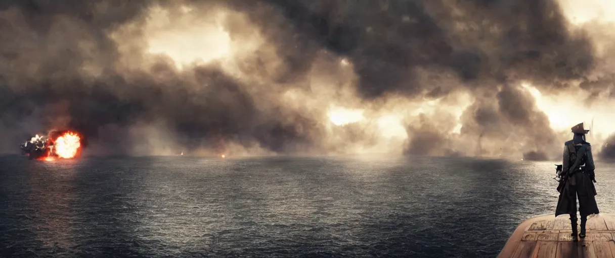 Image similar to a pirate standing on his ship watching big explosions on the sea, beautiful dramatic moody lighting, cinematic atmosphere, high detail, 8k, ornate, dark fantasy, masterpiece, complex, film still from the movie directed by Denis Villeneuve with art direction by Gregory Crewdson, Joel Sternfeld