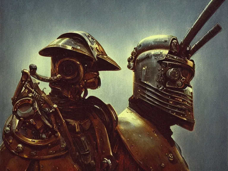 Image similar to a detailed profile painting of a bounty hunter in polished dieselpunk armour and visor. Fencing mask and shroud. cinematic sci-fi poster. Cloth and metal. Welding, fire, flames, samurai Flight suit, accurate anatomy portrait symmetrical and science fiction theme with lightning, aurora lighting clouds and stars. Clean and minimal design by beksinski carl spitzweg giger and tuomas korpi. baroque elements. baroque element. intricate artwork by caravaggio. Oil painting. Trending on artstation. 8k