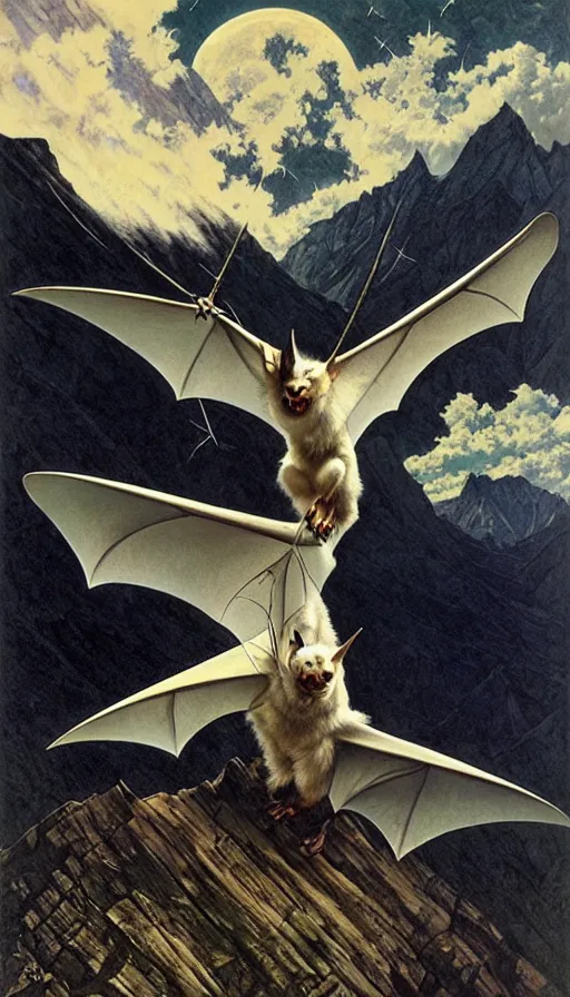 Image similar to hyper realistic white bat, flying against a dark black night sky, mountain in the background, moonlight, denoised, very detailed, painted by james gurney, alphonso mucha, norman rockwell, tom bagshaw