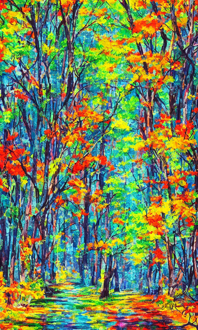 Image similar to a detailed painting in the style of anime of a colorful forest