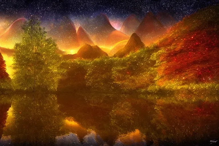 Image similar to vivid surreal landscape : : magic forest nature : : weta disney pixar movie still photo : : decadent highly - detailed digital painting, full length shot, golden ratio, golden hour, galaxies, stars, light trails, lagoon, reflection, night sky, octane render, artstation, smooth, sharp focus, artgerm, mucha, loish, wlop, gogo