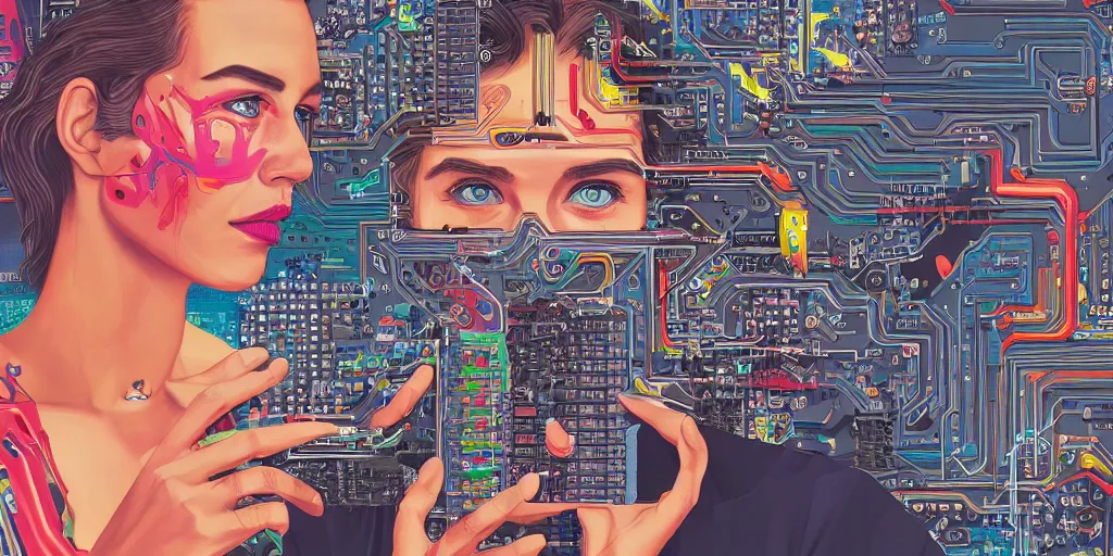 Image similar to portrait of computer & circuits, 8 k, by tristan eaton, trending on deviantart, face enhance, hyper detailed, minimalist, full of colour, super detailed, cinematic