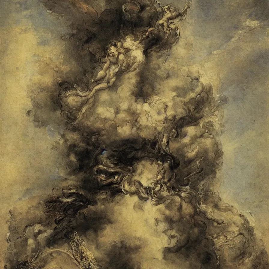 Prompt: a man with a stormy cloud in the place of his head. artwork by gustave moreau