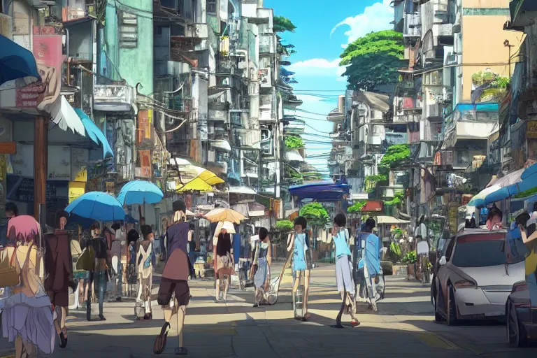 Image similar to rio de janeiro in an anime film, directed by makoto shinkai, street level