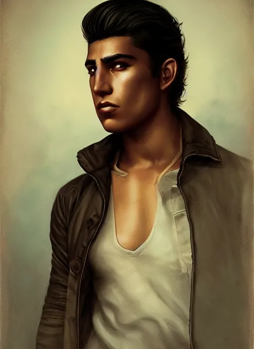 Prompt: portrait of a young latino tough guy, art by manuel sanulian and tom bagshaw