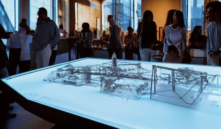 Image similar to group of people in simple white museum, looking at hologram of futuristic city on a table, cinematic concept art, godrays, golden hour, natural sunlight, 4 k, clear details, tabletop model buildings, center model buildings, hologram center, crane shot, crane shot, crane shot